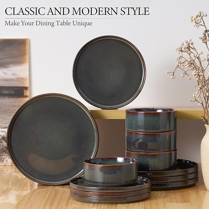 E-far 12-Piece Plates and Bowls Sets, Stoneware Dinnerware Dishes Sets for 4, Kitchen Modern Dining Dishware, Chip & Scratch Resistant, Microwave & Dishwasher Safe, Blackish Green