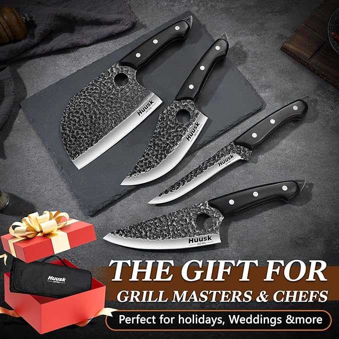 Huusk Serbian Chef Knife Set - 6Pcs Hand Forged Butcher Knife Set for Meat Cutting, Viking Boning Knives with Bag for Kitchen Outdoor BBQ Camping, Birthday Christmas Gift Idea Men