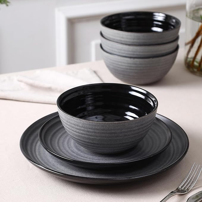 Stone Lain Dua 12-Piece Dinnerware - Stoneware, Plate and Bowls, Dishwasher and Microwave Safe, Dish Set for 4, Black