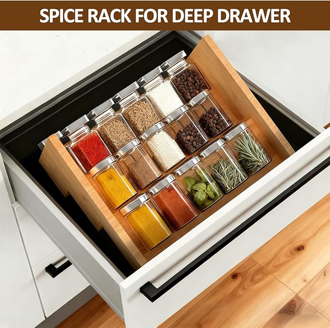 2 Pack Bamboo Spice Rack Organizer, 3 Tier Spice Riser for Cabinet, Wood Spice Stand for Countertop