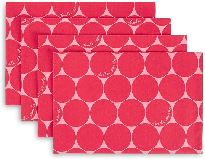 Kate Spade New York Joy Dot Placemats 4-Pack Set, Reversible, 100% Cotton, Machine Washable, Rose Pink/Red, 13"x19"