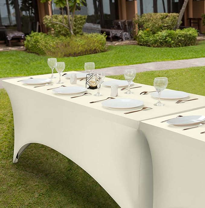 Utopia Kitchen 6FT Spandex Tablecloth [1 Pack, Ivory] 200 GSM Stretch, Fitted, Washable and Wrinkle Resistant Table Cloth Rectangle Cover for Trade Shows, Wedding, Parties [72Lx30Wx30H Inch]