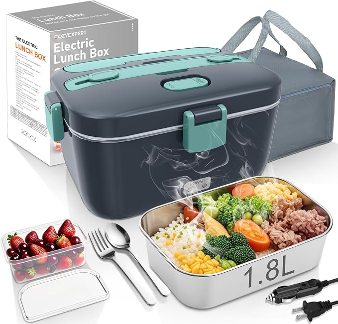 COZYEXPERT Electric-Lunch-Box-Heated-Food-Warmer 100W Heating Lunchbox for Adults 1.8L Portable Food Heater for Work/Car, 12V/24V/110-230V Lonchera El챕ctrica Port찼til with Fork Spoon (Gray+Green)