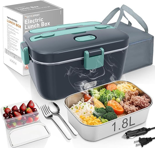 COZYEXPERT Electric-Lunch-Box-Heated-Food-Warmer 100W Heating Lunchbox for Adults 1.8L Portable Food Heater for Work/Car, 12V/24V/110-230V Lonchera El챕ctrica Port찼til with Fork Spoon (Gray+Green)