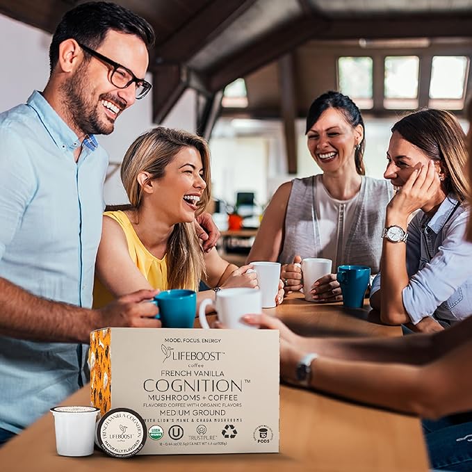 Lifeboost French Vanilla Cognition Mushroom Coffee Pods - Low Acid Organic K-Cups with Lion?셲 Mane & Chaga Nootropic Mushrooms for Focus, Energy & Immune Support - 10 Count