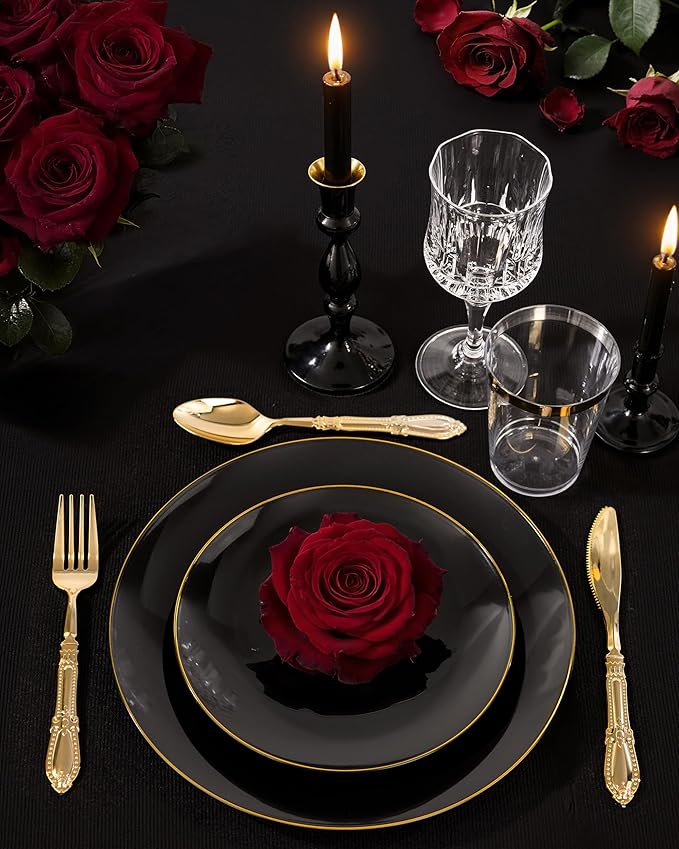 Nervure 100 Pieces Black Plastic Plates - 7.5inch Black Dessert Plates - Disposable Gold Plastic Plate - Disposable Plate Ideal for Wedding & Party & New Year