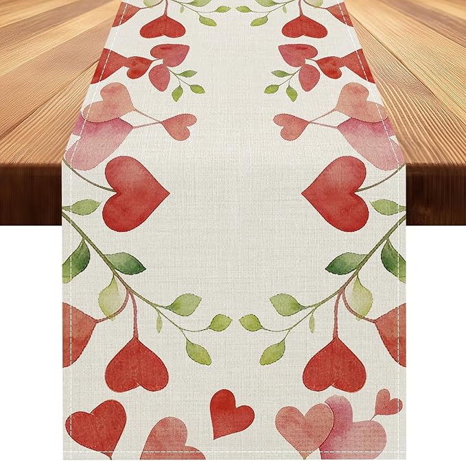 Valentines Day Table Runner 13x48 Inch, Floral Love Hearts Valentine Table Runner, Anniversary Home Kitchen Dining Table Holiday Party Decorations