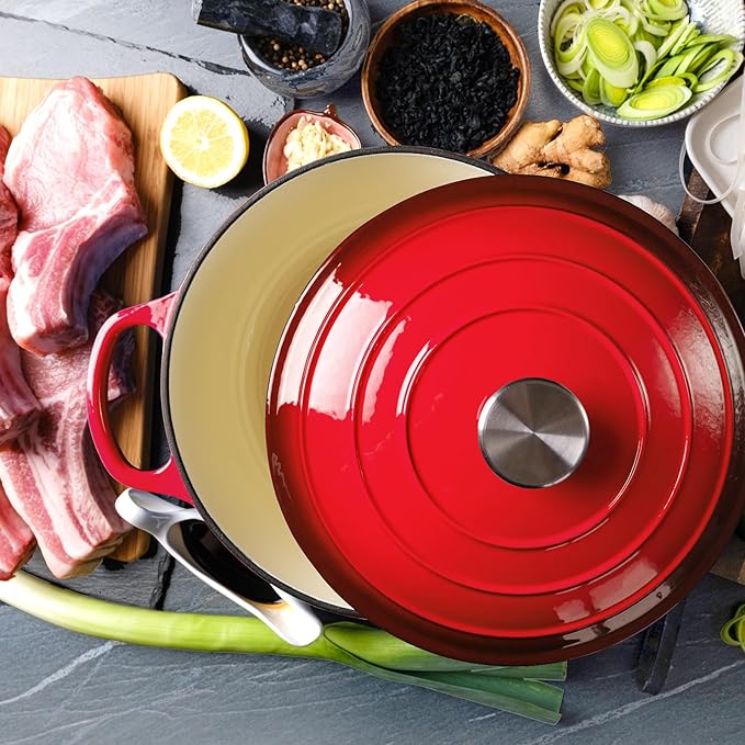 6 Quart Dutch Oven Enameled Cast Iron with Lid - Big Dual Handles - Oven Safe up to 500째F - Classic Round Pot for Versatile Cooking (Red, 6 QT)
