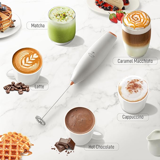 Zulay Kitchen Milk Frother Handheld Electric Whisk with AA Duracell Batteries ??Durable Drink Mixer for Coffee, Lattes, Cappuccinos & More - White Rose Gold