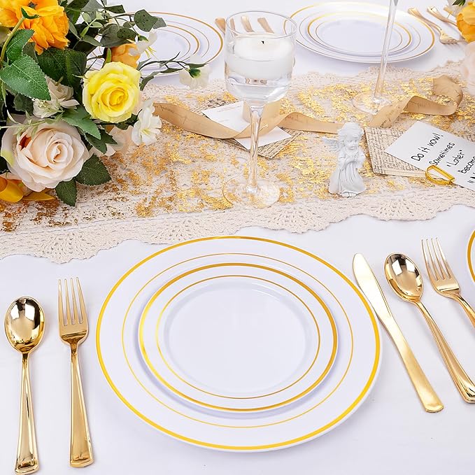 I00000 600 Pcs Gold Plastic Plates for 100 Guests.Disposable Plates for Party,Plastic Dinnerware Set of 100 Dinner Plates,100 Salad Plates,400 Gold Silverware Set(100 Spoons,100 Knives,200 Forks).