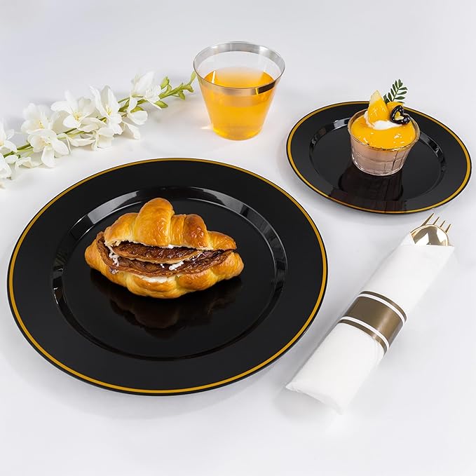 SUT 175 Pcs Black and Gold Plastic Dinnerware Set for 25 Guests, Include: 25 Dinner Plates, 25 Dessert Plates, 25 Pre Rolled Napkins With Silverware, 25 Cups, Disposable Plates for Party