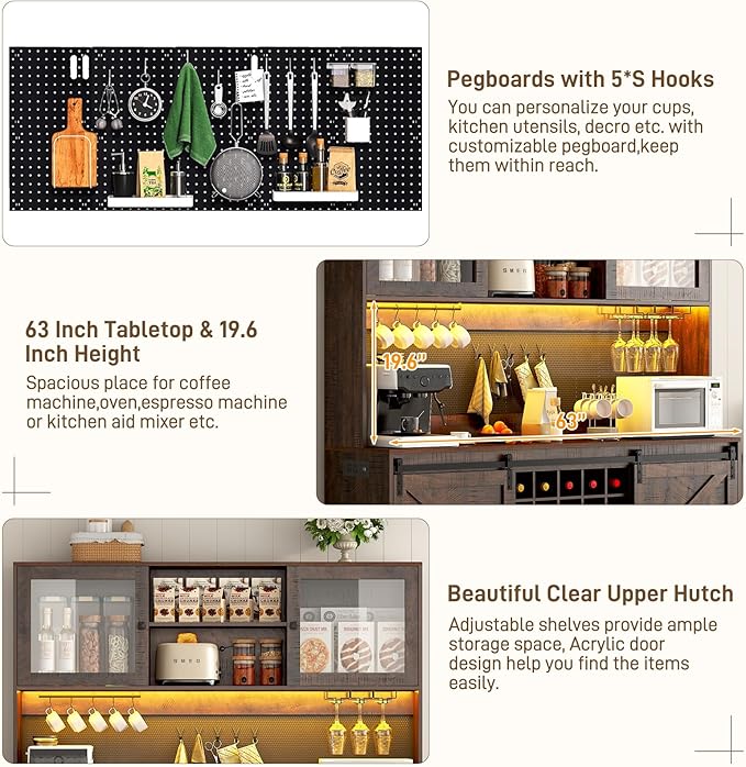 74" Tall 63" Wide Large Coffee Bar Cabinet w/ Outlet,6000-color LED Light,Pegboard,Farmhouse Hutch Cabinet w/Barn Door,2 Big Drawers,Adjustable Shelves,10 Wine & Glasses Rack,5 Hook for Kitchen,Brown