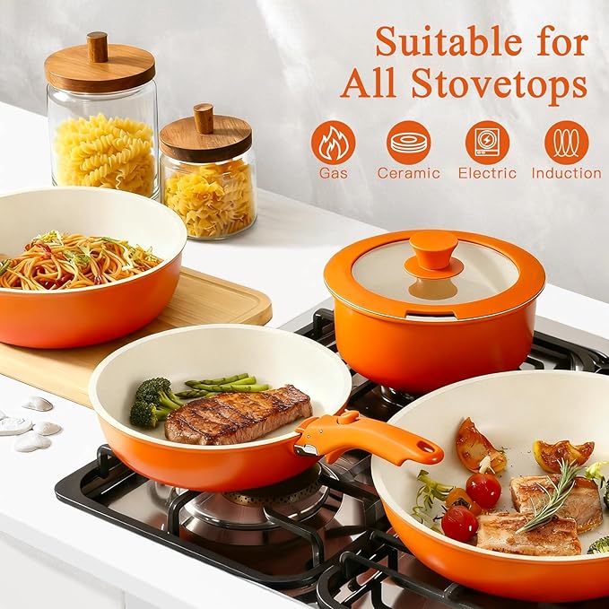 GIPP 11pcs Pots and Pans Set Non Stick, Nonstick Cookware Set Detachable Handle,Ceramic Pots for Cooking Non Stick with Removable Handle, RV Cookware Set, Orange Gradient