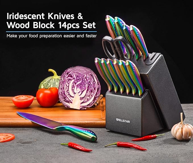 WELLSTAR Rainbow Knife Set 14 Pieces, Iridescent German Stainless Steel Kitchen Knives Set with Wooden Block, Colorful Titanium Coating, Chef?셲 Knife Block Set with Scissors and Built-in Sharpener
