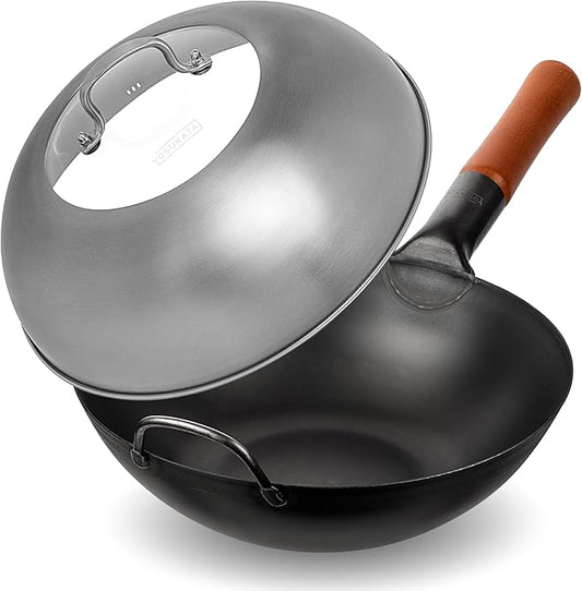 YOSUKATA Carbon Steel Wok Pan ??11,8 ??Woks and Stir Fry Pans + Wok Lid 11.4 In - Premium Stainless Wok Cover with Tempered Glass Insert Steam Holes and Ergonomic Handle