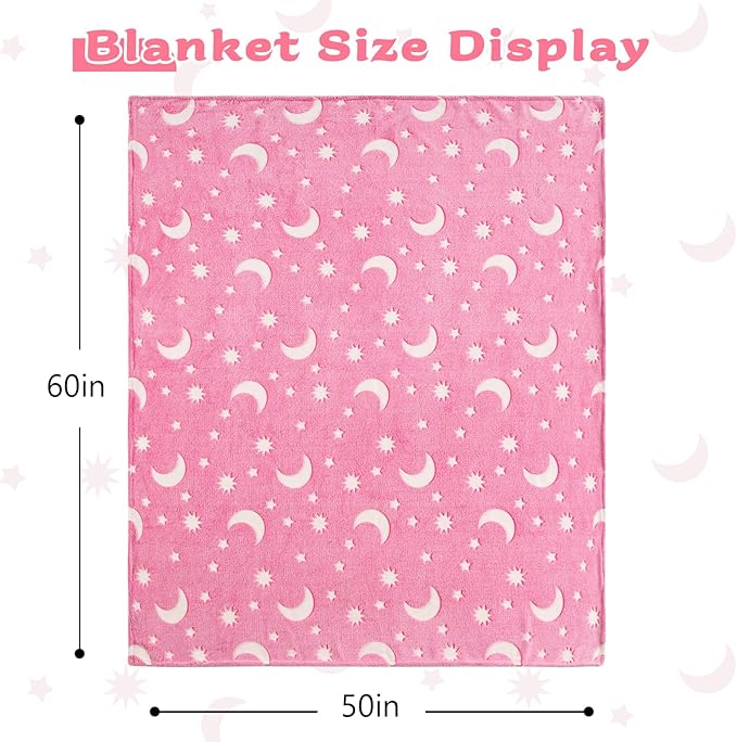 QSTEHEML Pink Moon Glow in The Dark Blanket,Star Gifts Toys for Kids Girls Birthday Christmas Bedroom Decor for Age 3-12 Years Old Toddler Teens Child Daughter Soft Luminous Blanket竊?0"횞60"