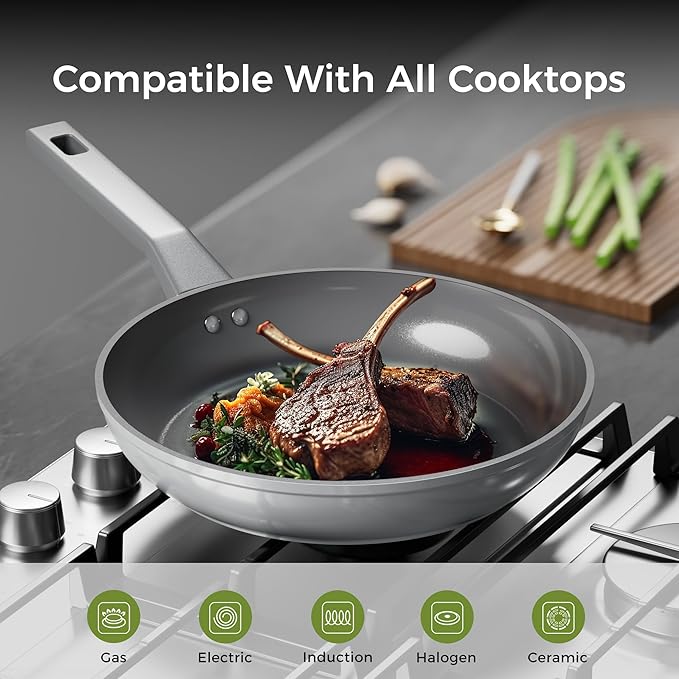 Sanho 10 Inch Frying Pan Nonstick, PFOS/PFOA/PTFE-Free Healthy Ceramic Coating, Induction Compatible Cookware for All Stovetops, Dishwasher Safe, Gray