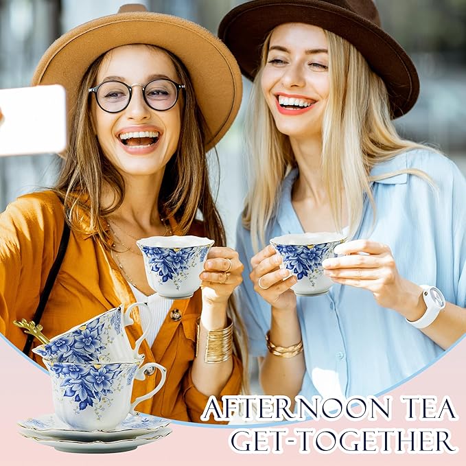 TATSUMI Country Roses 18 Peices Bone China Tea Cup And Saucer Set, English Vintage Tea Cups Of 6 For Women And Tea Party Sets(Rose Blue,6 Sets)
