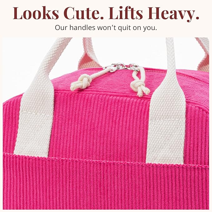 LOVELYWIND Insulated Lunch Bag for Women Men, Stylish Corduroy Tote Bag with Aluminum Lining, Large Capacity Reusable Cooler for Work, Travel, or Beach, Berry Red Lunch Box