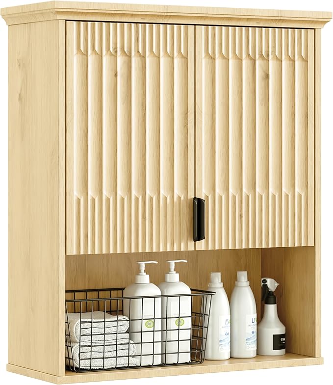 FLOWBACK Bathroom Wall Cabinet Over The Toilet Storage, 23.5횞31.4 Inch Wall Mounted Medicine Cabinet with Adjustable Shelf and Door, Natural Wood Storage Cabinet for Laundry Room, Bedroom Kitchen