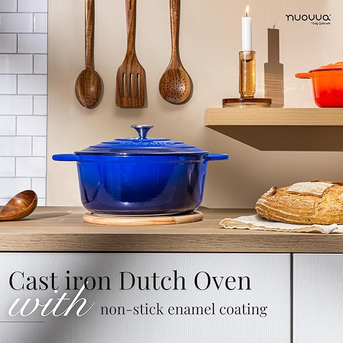 Nuovva Enamelled Cast Iron Dutch Oven Pot with Lid ??6.4 Quart Non Stick Casserole Pot ??Heavy Duty & Oven Safe up to 500째 F for Bread Baking, Braising, Stews, Roasting ??28cm Dark Blue