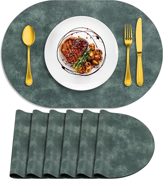ADRIMER Placemats, Heat Resistant Oval Placemats Set of 6 Washable 12 x 17 Inch, Waterproof Table Mats, Wipeable Pu Place Mats for Kitchen, Dining Room, Blue & Green