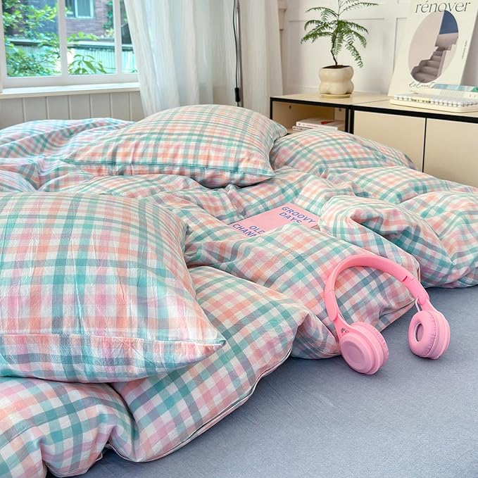 LifeTB Gingham Comforter Set Full Size Colorful Plaid Checkered Pattern Comforter Geometric Grid Plaid Printed Bedding Comforter Set with 2 Pillowcases Luxury Soft Fluffy Gingham Bedding Set Full