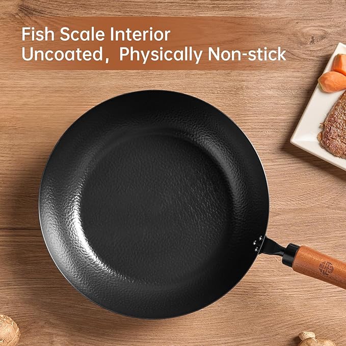 WANGYUANJI 11-Inch Carbon Steel Frying Pan with Beech Wooden Handle & Glass Lid - Physical Non-Stick, Non-Coating Skillet for Induction, Saut챕ing, Frying, Stir-Frying
