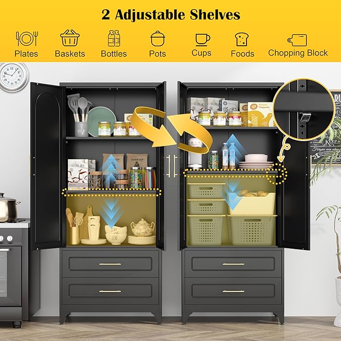 Metal Kitchen Pantry Storage Cabinet with 2 Drawers竊?5Inch Black Food Pantry Cabinets for Kitchen with 2 Adjustable Shelves竊똖all Storage Cupboard for Living Room, Dining Room Office