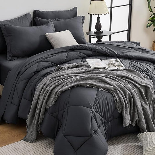 HEVUMYI California King Comforter Set - 7-Piece All Season Bed in a Bag Cali-King, Ultra Soft Bedding Set with Comforter, Flat Sheet, Fitted Sheet, Pillowcases, Pillow Shams, Dark Grey