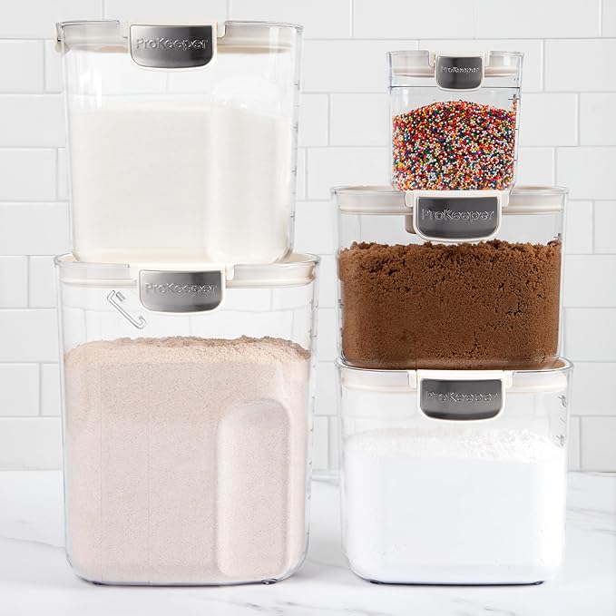 ProKeeper+ Airtight Food Storage Container Set ??Clear Plastic Flour and Sugar Canister Set with Magnetic Accessories for Kitchen Organization (White, 9-Piece)