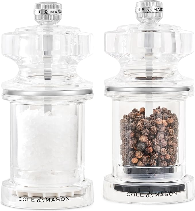 Cole & Mason 675 Refillable Spice Mill - Kitchen & Home Accessory - Salt & Pepper Grinder Set - Salt & Peppercorn Included - Acrylic - Salt & Pepper Set 4.5"
