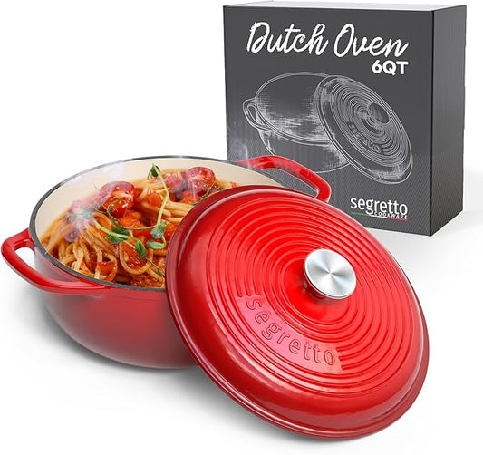 Segretto Enameled Cast Iron Dutch Oven Pot with Lid, Red, 6 Quart Sourdough Dutch Oven for Bread Baking, Braising, Roasting Safe to 500째F Durable Enamel with High Heat Retention and Moisture Lock Seal