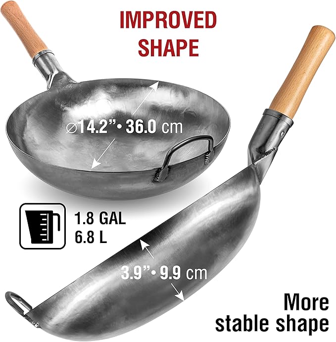 YOSUKATA 14??Round Bottom Carbon Steel Woks and Stir Fry Pans ??Unseasoned Pow Wok for Stir Fry, BBQ & Camping ??Hand-Hammered Traditional Japanese and Chinese Pan ??Gas Stove, Open Fire Only