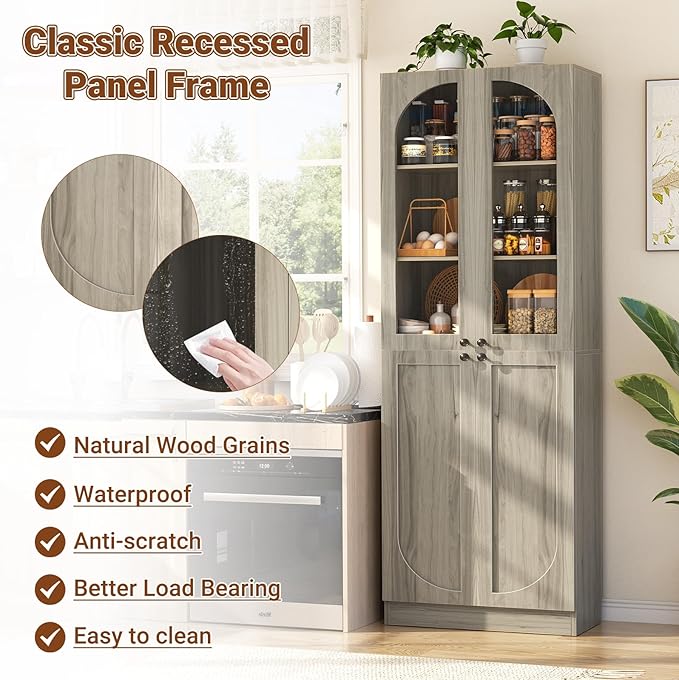 Cyclysio 80" Kitchen Pantry Cabinet, Tall Arch Storage Cabinet with Glass Doors, Freestanding Wood Floor Cupboard Bookcase with Seamless Fit Wall for Dining Room, Living Room, Bathroom (Ash Grey)