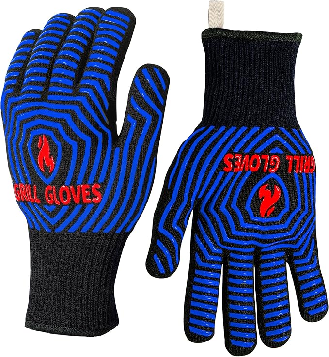 QUWIN BBQ Gloves, Oven Gloves 1472??Extreme Heat Resistant, Grilling Gloves Silicone Non-Slip Oven Mitts, Kitchen Gloves for BBQ, Grilling, Cooking, Baking-1 Pair (One Size Fits Most, Black/Blue)