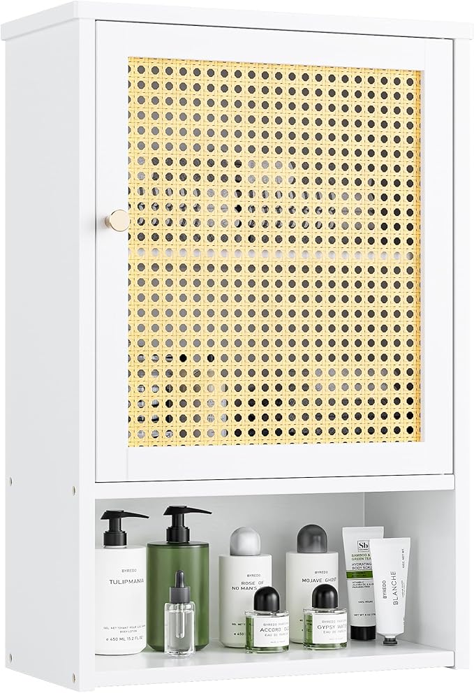 Bathroom Wall Cabinet, Bamboo Over-The-Toilet Storage Organizer with Rattan Doors and Adjustable Shelf, Space Saver Medicine Cabinet for Laundry, Kitchen, Living Room (White)