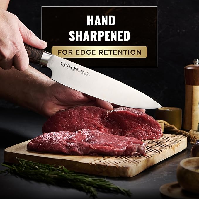 Cutluxe Chef Knife ??Ultra Sharp 8" Japanese Kitchen Knife, High Carbon Stainless Steel Blade, Full Tang Pakkawood Handle ??Shinobi Series