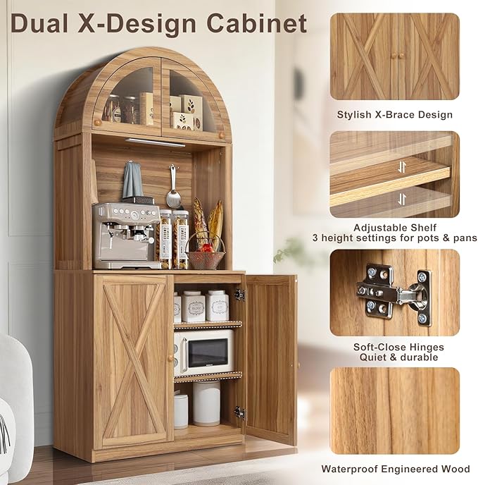 71" Tall Arched Kitchen Pantry Cabinet, Farmhouse Storage Cabinet with LED Light, Adjustable Shelves & Glass Door, Versatile Cupboard for Kitchen, Dining Room, Bathroom