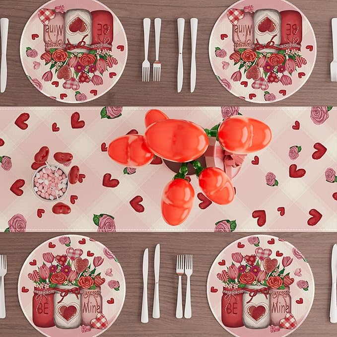 XCHI Roses Flowers Love Hearts Vase Valentine?셲 Day Round Placemats Set of 4 Table Mats for Party Home Kitchen Dining Table Decorations 14x14 Inch