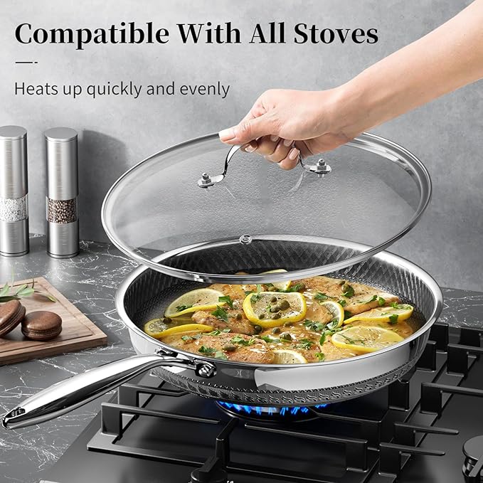 8 Inch Nonstick Frying Pan with Lid, Titanium Ceramic Tri-Ply Stainless Steel Non Stick Skillet W/Lid Small Hybrid Cooking Pan Healthy Induction Egg Frying Pan W/Stay Cool Handle, PFAS/PFOA/PTFE Free
