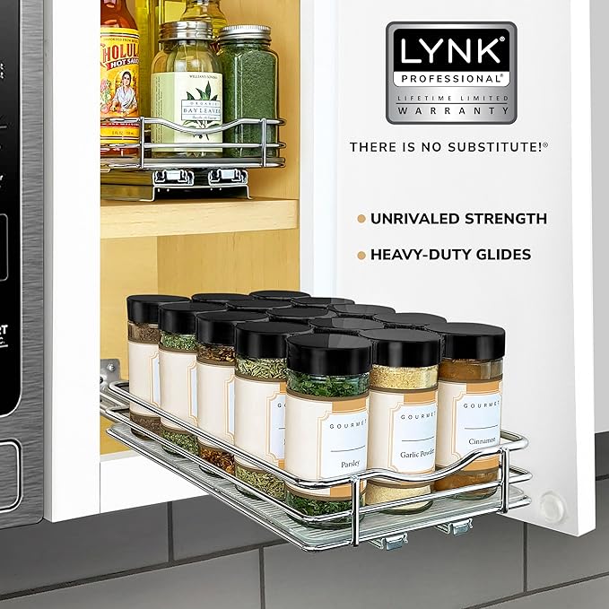 LYNK PROFESSIONAL짰 Pull Out Spice Rack Organizer for Inside Kitchen Cabinets - 6-3/8 inch Wide - Slide Out Drawer ??Chrome Sliding Spice Cabinet Organization Shelf Racks - 1 Tier