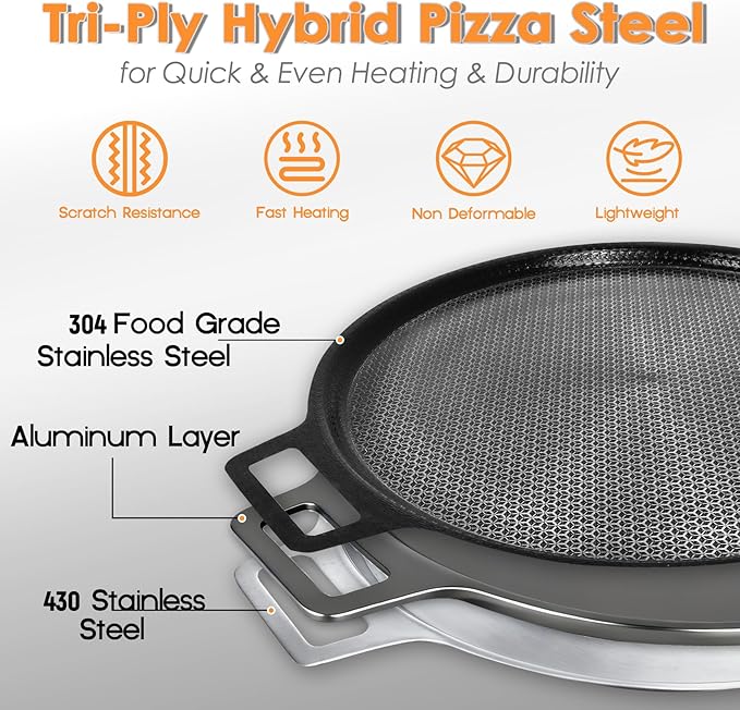 Laser-etched Nonstick Pizza Steel, 3-Layer Hybrid Steel Pizza Pan with Aluminum Core, Better Thermal Conductivity than Stone, Safe Up to 900째F, Food-grade Non-stick Oven Baking Pan, PTFE & PFAS Free
