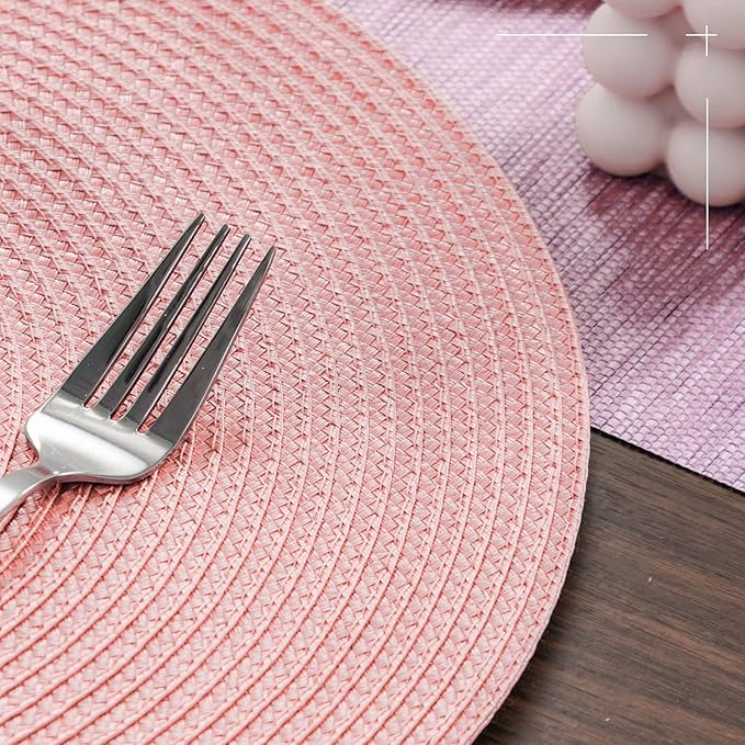 FunWheat Round Braided Placemats Set of 4 Table Mats for Dining Tables Woven Washable Non-Slip Place mats 15inch (Pink, 4pcs)