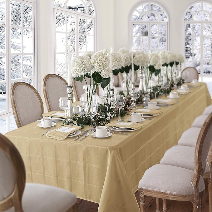 Newbridge 60 x 84 Inch Oval Fabric Tablecloth, Elegance Plaid, 100% Polyester, No Iron Soil Resistant Dining Room, Party and Banquet Table Cover, Solid Textured, Ribbon Gold