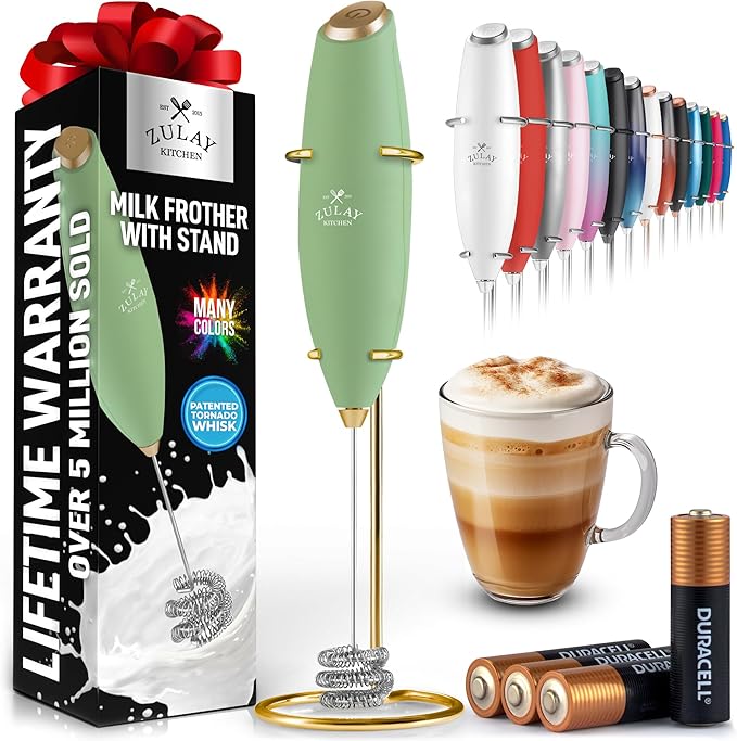 Zulay Kitchen Patented Tornado Triple Whisk Milk Frother with 4 Duracell Batteries ??Handheld Foam Maker for Coffee, Lattes, Matcha & Hot Chocolate ??Rich, Creamy Froth in Seconds