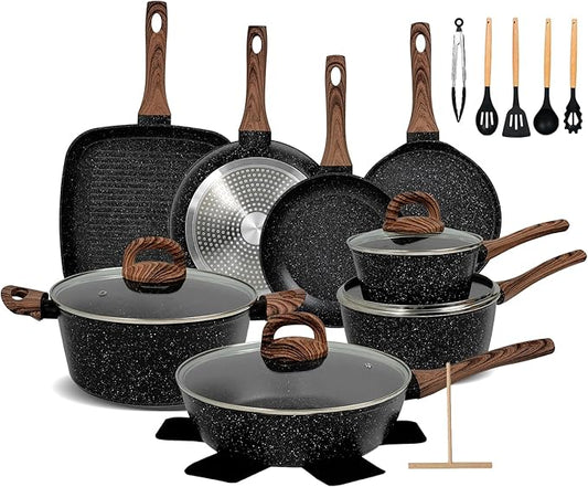 EWFEN 25 Pcs Pots and Pans Set, Nonstick Ceramic Cookware Sets, Healthy Non-Toxic, Large Capacity, Induction Compatible, Cooking Set with Frying Pans & Saucepans, PFAS/PTFE/PFOA Free, Classic Black