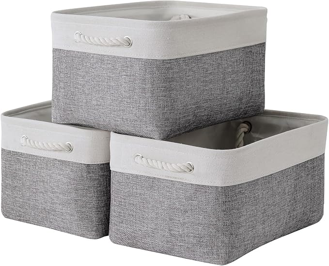 TheWarmHome Storage Bins for Shelves - 13.8L횞9.8W횞6.7H inch 3 Pack Medium Collapsible Storage Baskets for Organizing | Fabric Storage Cubes for Linen Closet Toy Home (White&Grey)