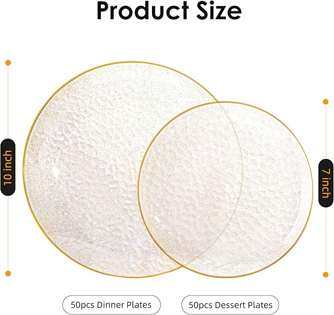 Lullaby 100PCS Clear Plastic Plates with Gold Rim, Includes 50pcs Dinner Plate 10??and 50pcs Dessert Plate 7?? Disposable Heavyduty Plates for Birthdays, Parties and Wedding
