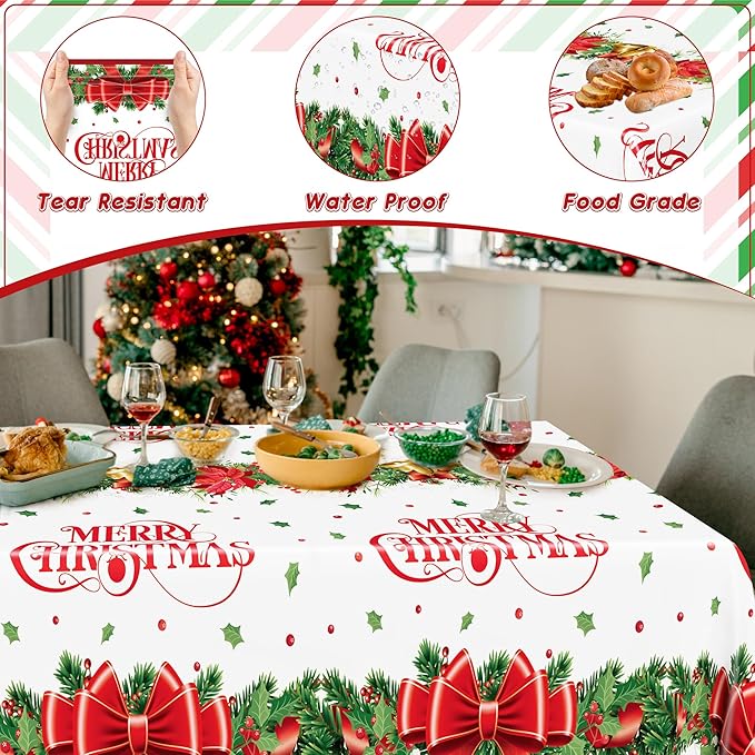 QZYL 2 Pack Christmas Tablecloths, 54" x 108" Xmas Plastic Table Cloth, Poinsettia Holly Bells Design Holiday Disposable Tablecover Rectangle Tablecloth, Christmas Decor Holiday Table Decorations
